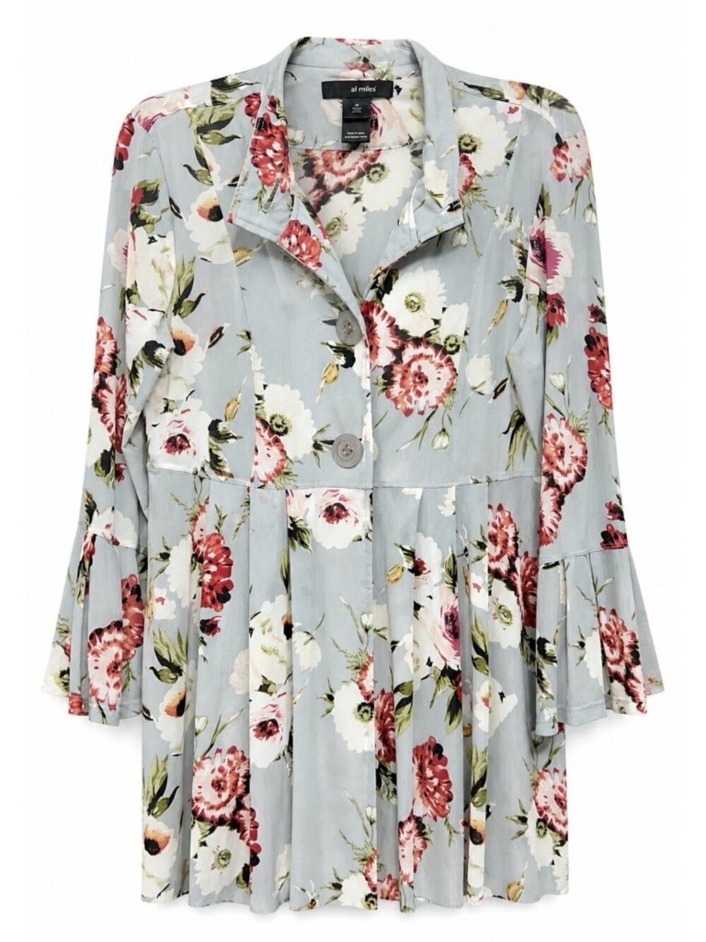 Ali Miles Floral Tunic Top blouse Medium Semi Sheer Bell Sleeve Peplum Boho